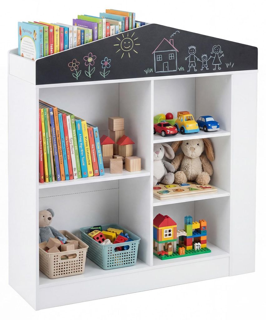 COSTWAY Bücherregal Kinder in Hausform, Kinderregal mit Tafel&11 Fächern, Kinderbücherregal, Spielzeugrregal Montessori, Weiß (94 x 30 x 102 cm)