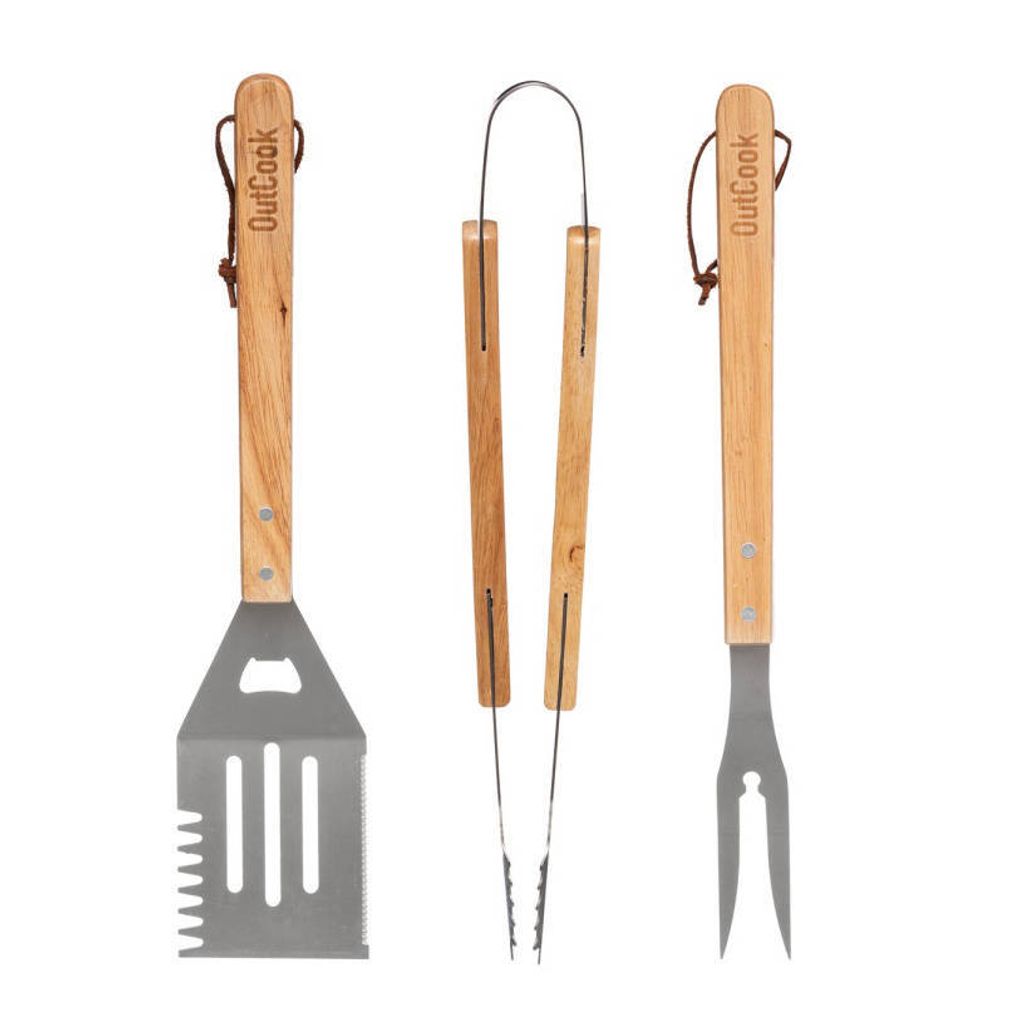 Grillbesteck, 3er-Set, Zubehör mit Holzgriffen