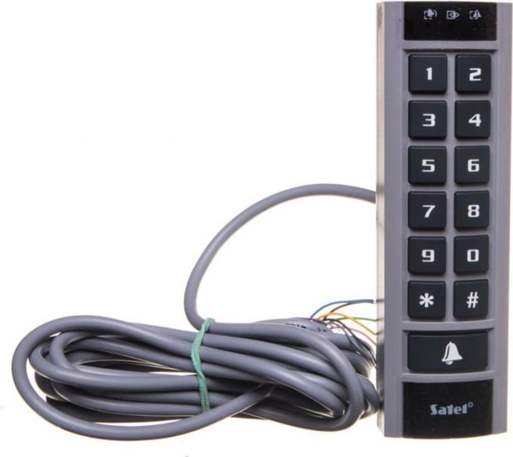 A close-up studio shot of a gray and black keypad with a coiled gray cable attached.