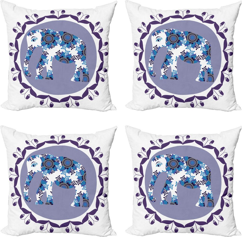 ABAKUHAUS Blumen Kissenbezug Set (4 Stück), Elefant mit Tulpen Muster, Moderner Doppelseitiger Digitaldruck, 40 cm x 40 cm, Weißer Flieder und Blau
