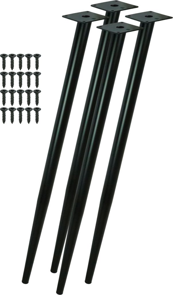 Four black metal table legs and a set of screws on a white background.