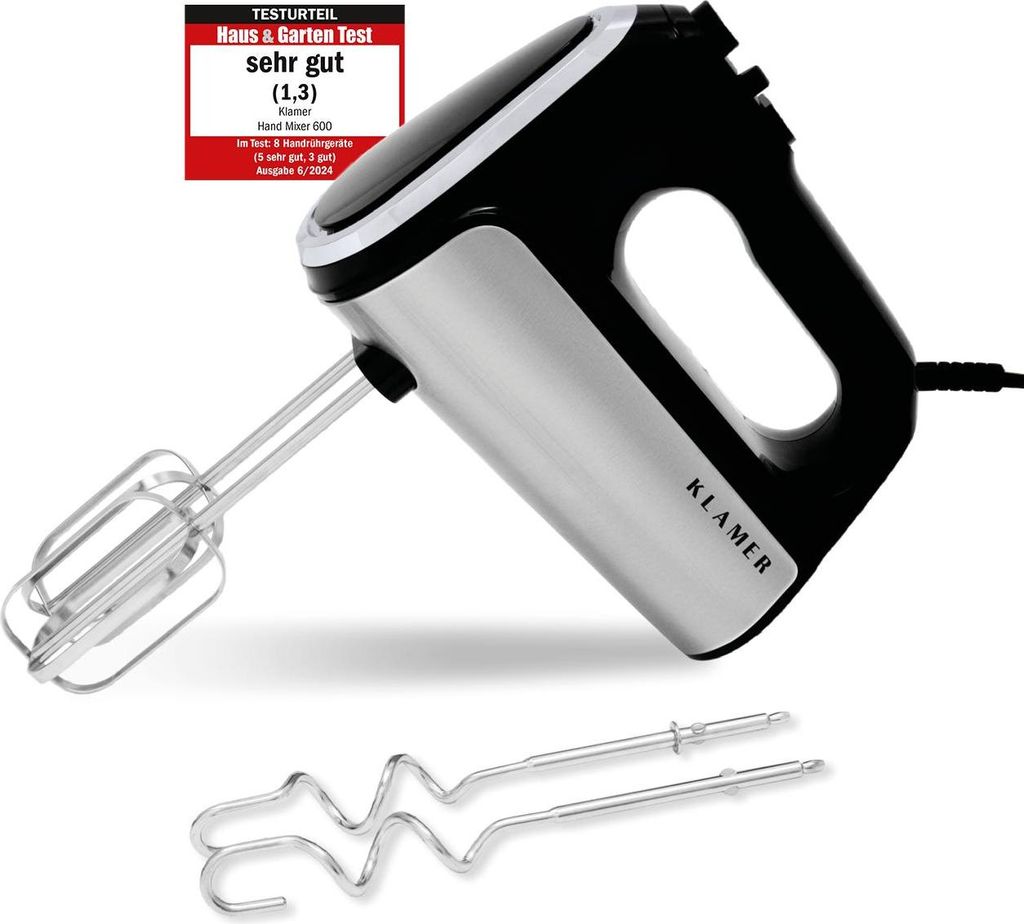 KLAMER Handrührgerät, 600 Watt Handrührer mit Turbostufe, 5 Stufen Handmixer mit Schneebesen und Knethaken aus Edelstahl