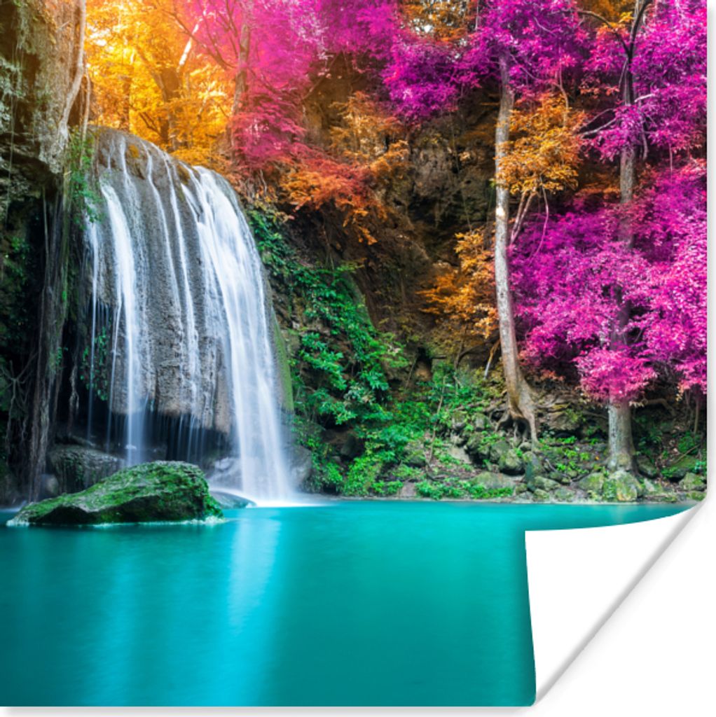 MuchoWow Poster Wasserfall - Bäume - Rosa - Braun - Natur 50x50 cm - Wohnzimmerdekoration