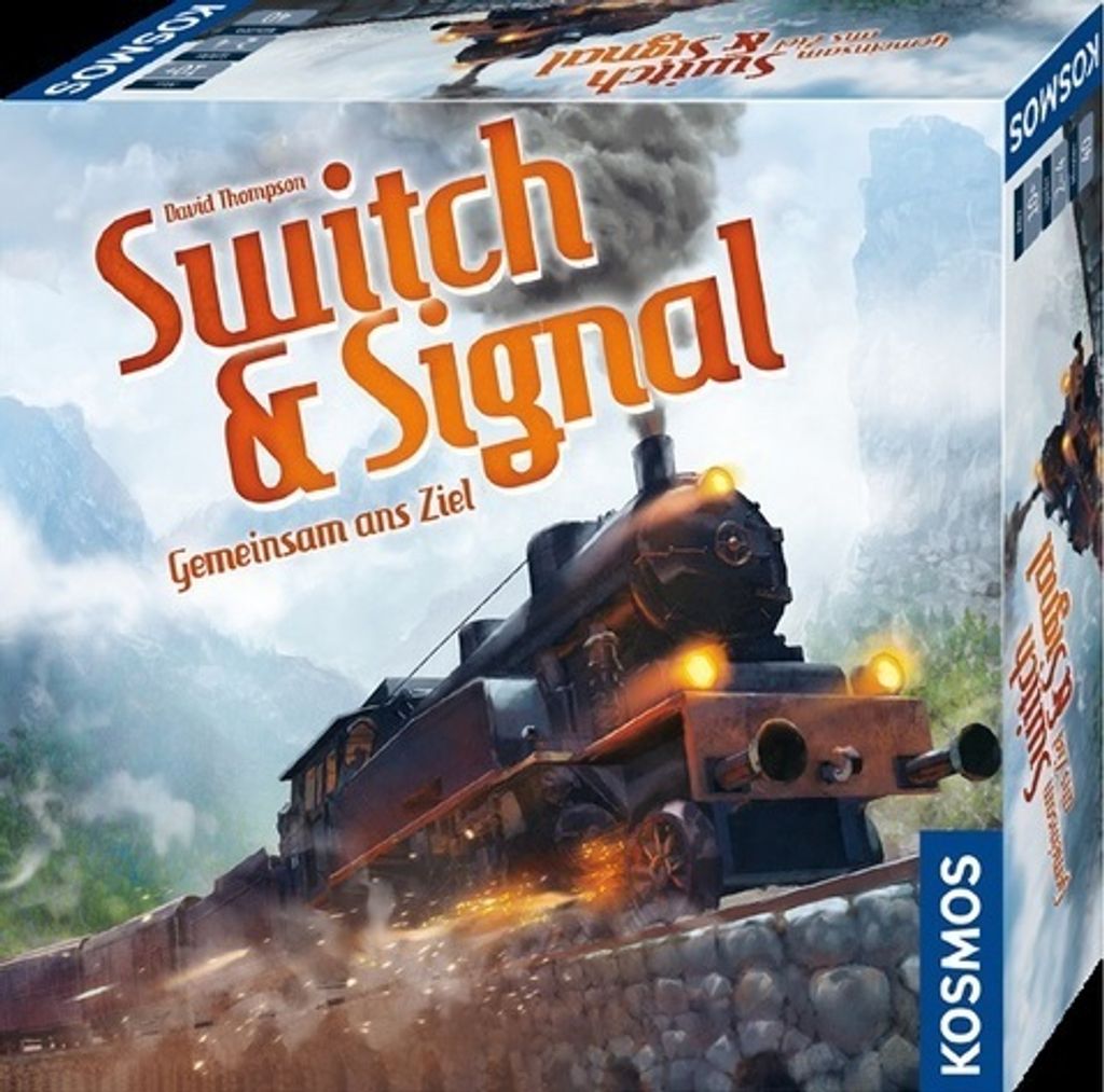 The image shows the front and side of a board game box featuring a steam train.