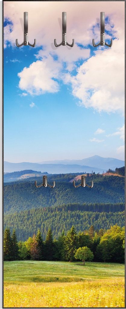 Wallario Flurgarderobe Wandgarderobe aus Holz, mit 5 Haken, Größe 50 x 125 cm, Motiv Berglandschaft im Gebirge unter blauem Himmel