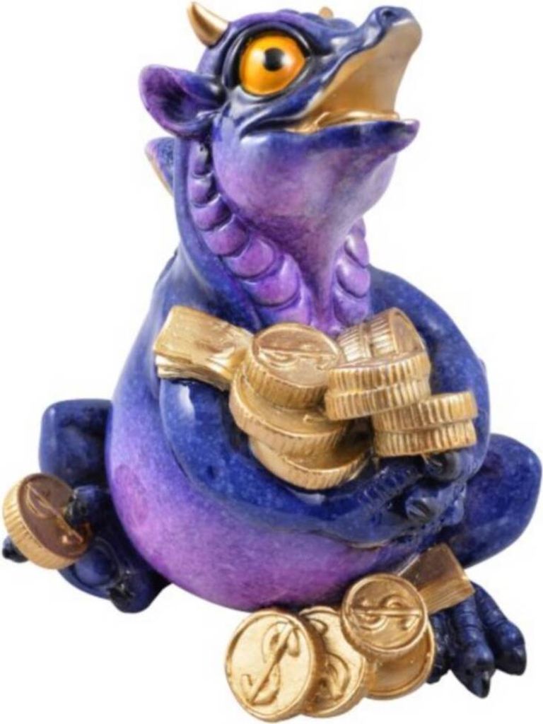 Lustiger großer lila-blauer Drache spielt mit Geld - Porzellanfinish