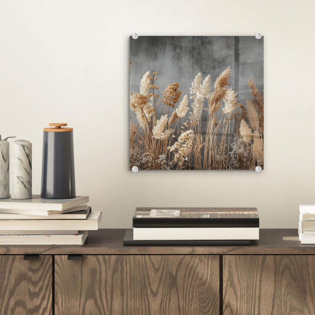 MuchoWow Glasbilder - Bilder auf Wandbild - Foto auf Glas Getrocknete Feldblumen - Grau - Beton 20x20 cm Wanddekoration aus Glas - Acrylglasbild - ...