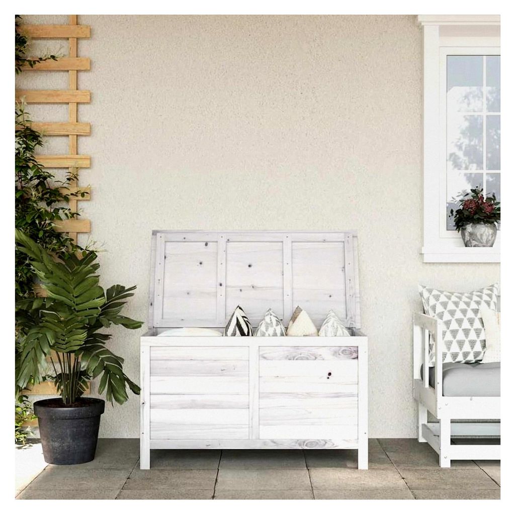 Gartentruhe Weiß 99x49,5x58,5 cm aus massivem Tannenholz, Gartenbox zur Aufbewahrung von Kissen, Spielzeug und Gartenutensilien
