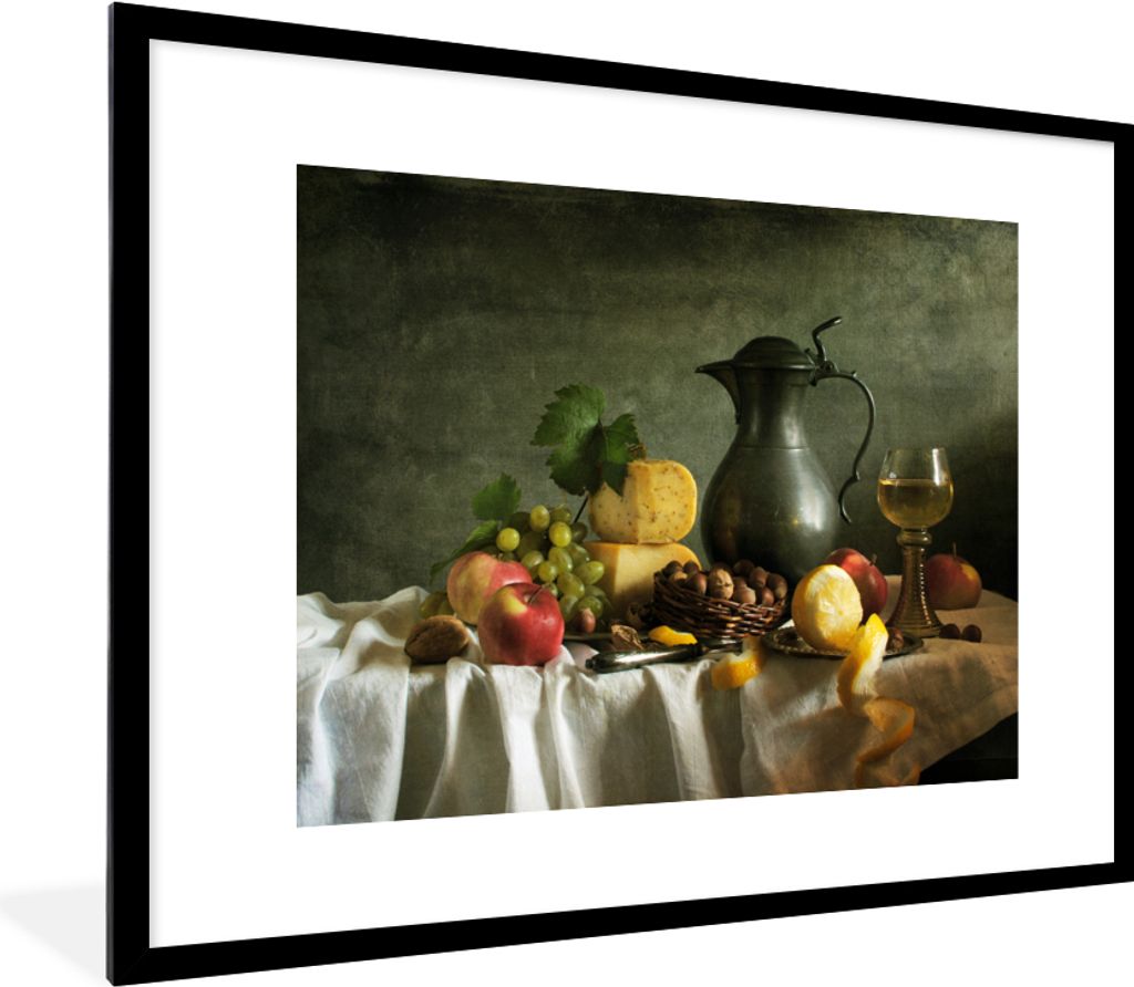 MuchoWow Gerahmtes Poster Rustikal - Käse - Teekanne - Obst - Stilleben 80x60 cm - Poster mit Schwarzem Bilderrahmen Wandposter Rahmen Foto Bild...