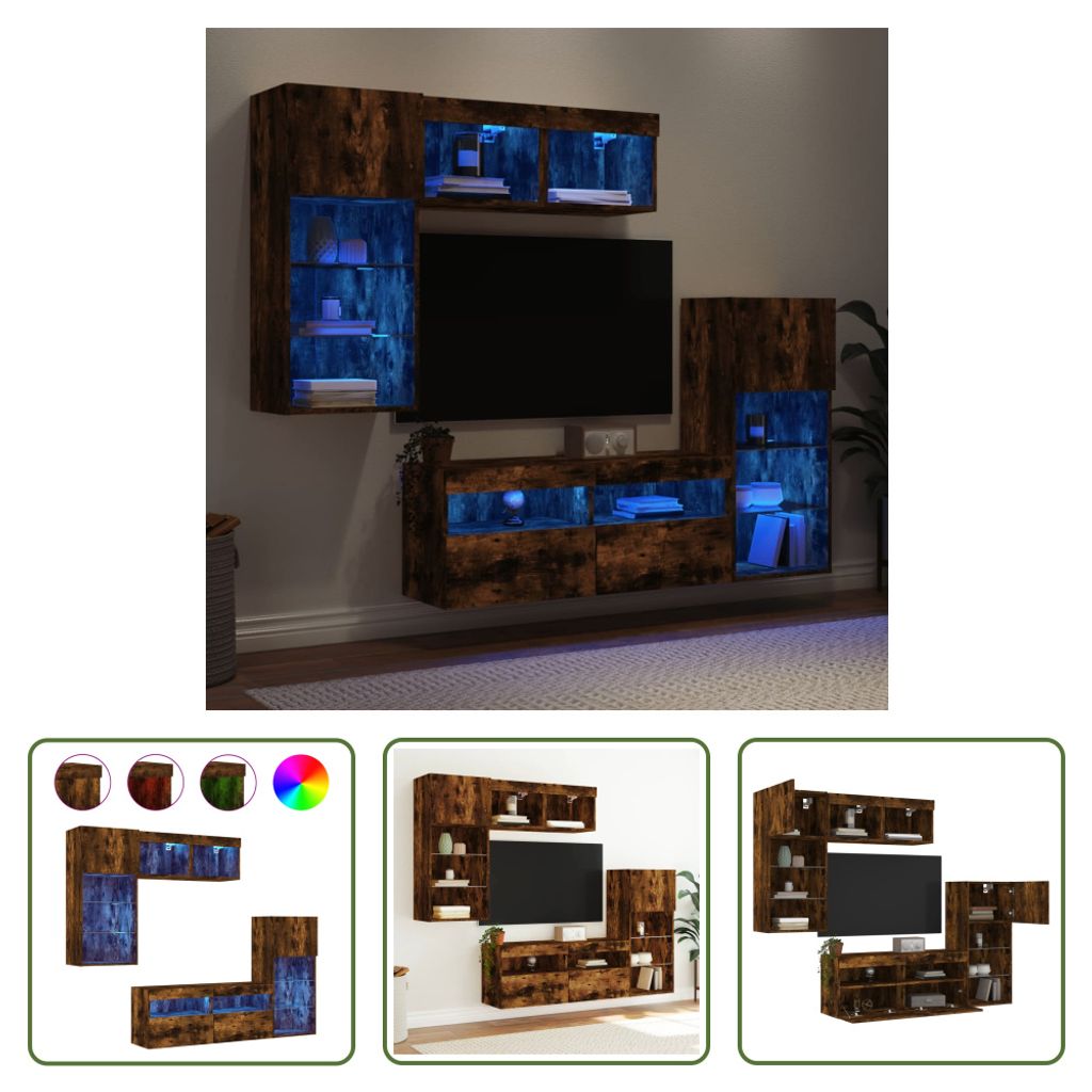 The Living Store 5-tlg. Wohnwand mit LED-Beleuchtung Räuchereiche Holzwerkstoff