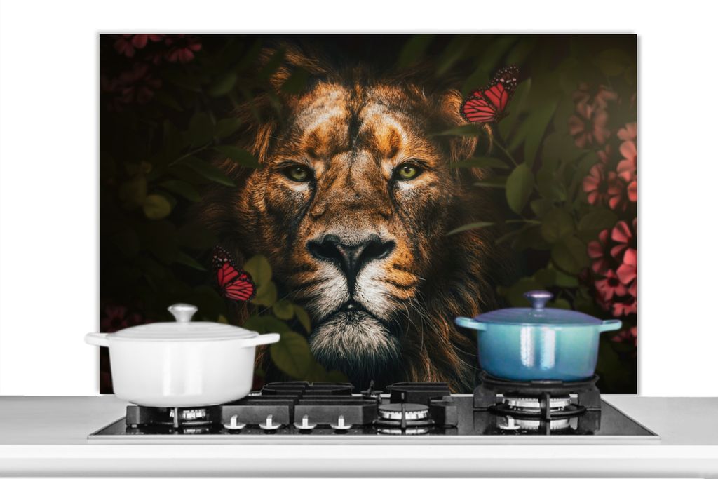 KitchenYeah Spritzschutz Küche - Küchenrückwand - Wandschutz für Herd und Spüle - Dschungel - Löwe - Schmetterling - Blumen 100x65 - Alu-D...