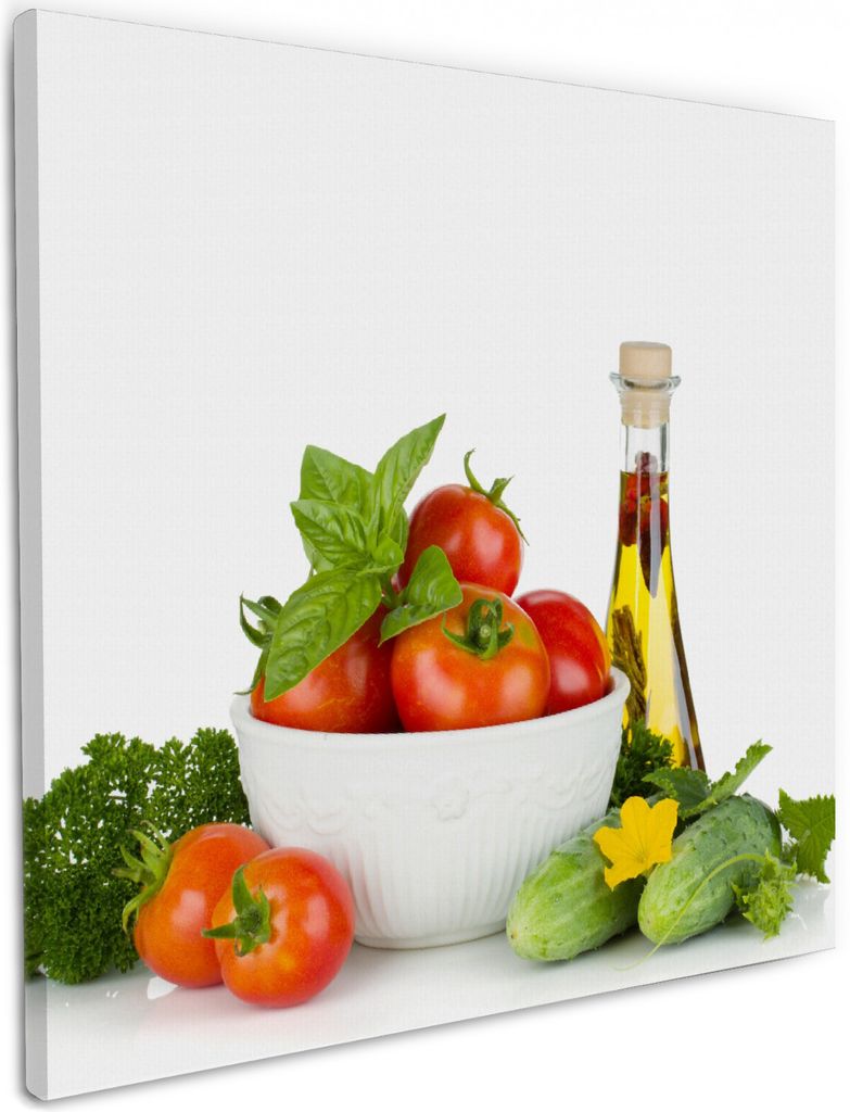 Wallario Premium Leinwandbild Frische Salatzutaten mit Kräuter-Öl - Tomaten, Gurke, Petersilie in Größe 50 x 50 cm