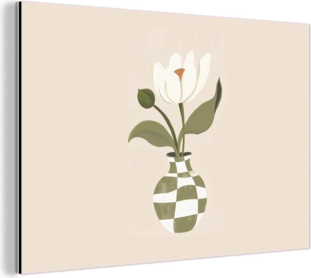 MuchoWow Wanddekoration Metall Metallbild Wandkunst 60x40 cm Vase - Kariert - Blume - Grün MuchoWow Aluminium Gemälde - Gemälder