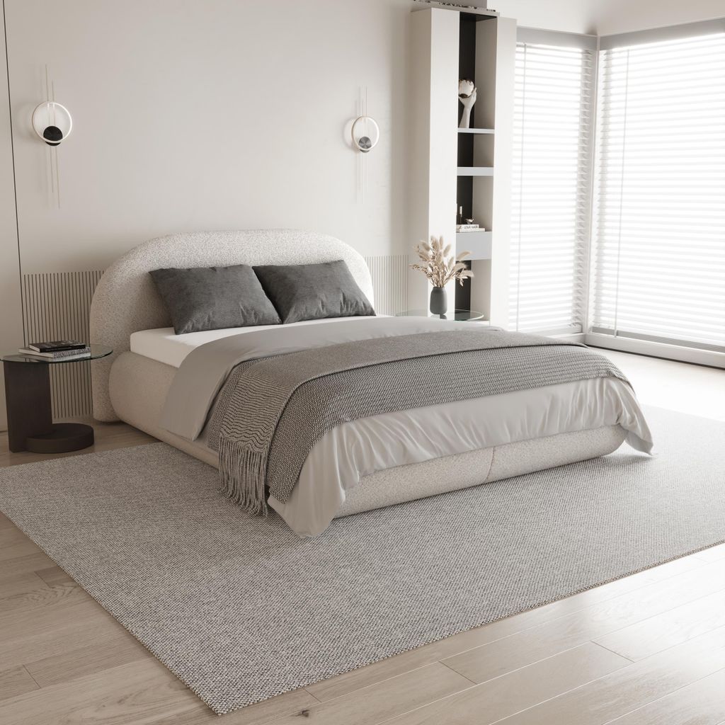BEAUTYSOFA | Polsterbett MOTTI 160x200 cm - Doppelbett mit Bettkasten und gepolstertem Kopfteil - Bouclé Beige