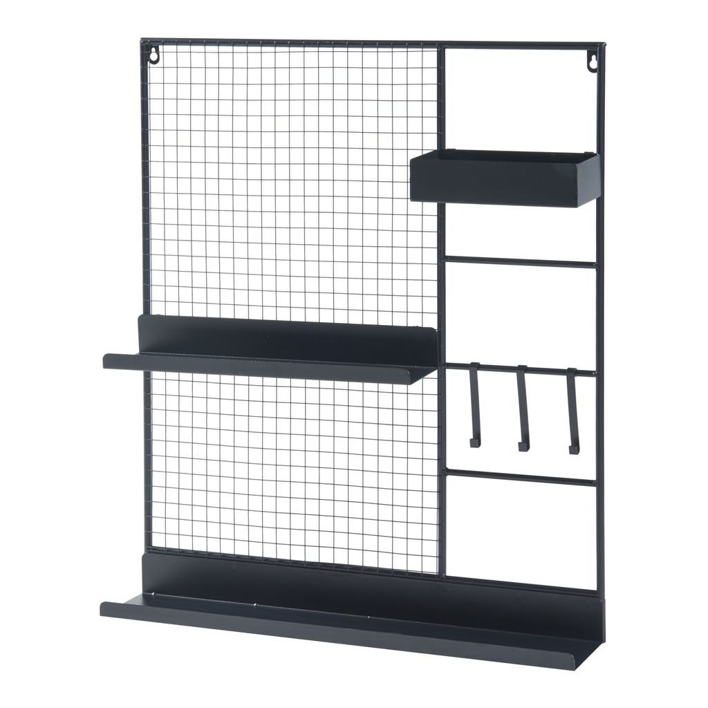 A wall-mounted organizer with shelves and hooks.
