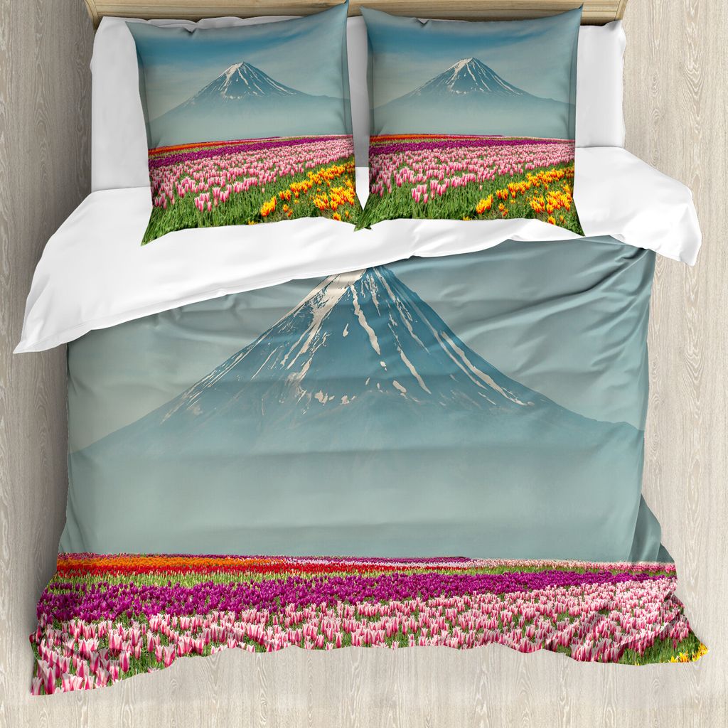 ABAKUHAUS Berg Bettbezug Set für Einzelbetten, Bunte japanische Tulpen, Milbensicher Allergiker geeignet mit Kissenbezug, 200 cm x 200 cm - 80 x 8...