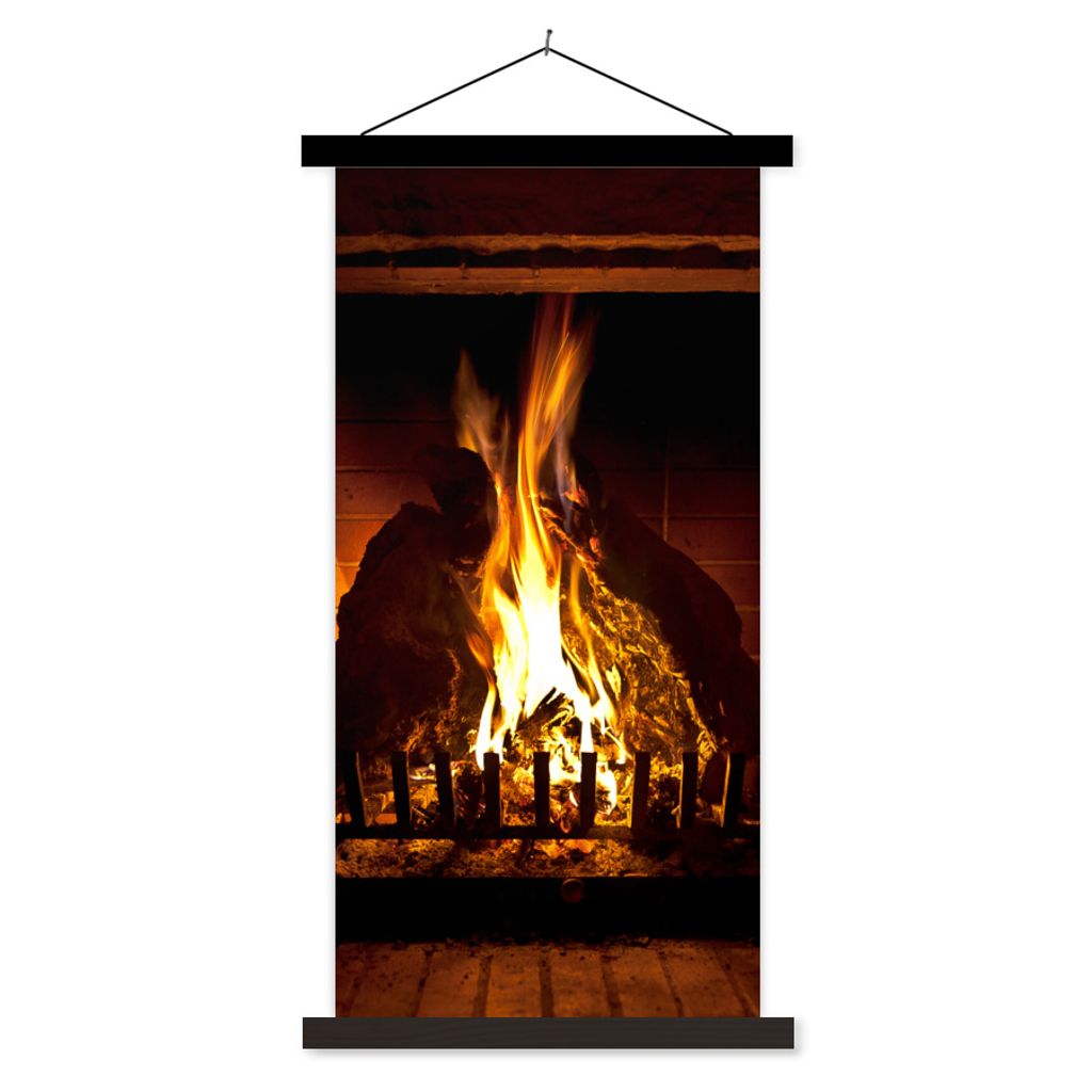 MuchoWow Textilposter Kamin mit hohen Flammen 90x180 cm mit schwarzem Rahmen - Dekoration Wohnzimmer