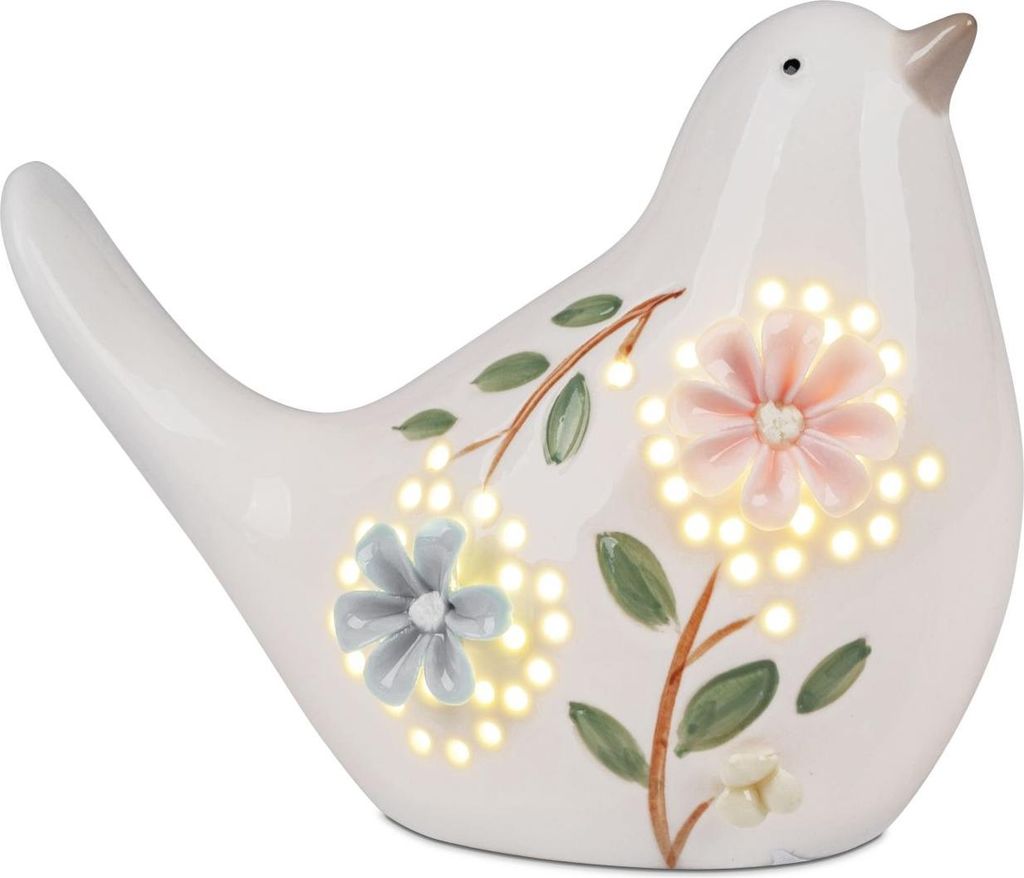 LED Dekofigur Vogel mit BlumenNachbildung H. 12cm weiß mit Timer Formano F26