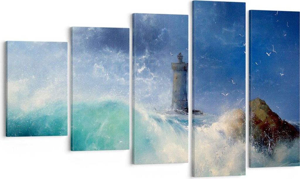 Bild auf Leinwand - Leinwandbild - Leuchtturm Meer - 100x60cm - Wand Bild - Wanddeko - Wandbilder - Leinwanddruck - Bilder - Kunstdruck - Wanddekor...
