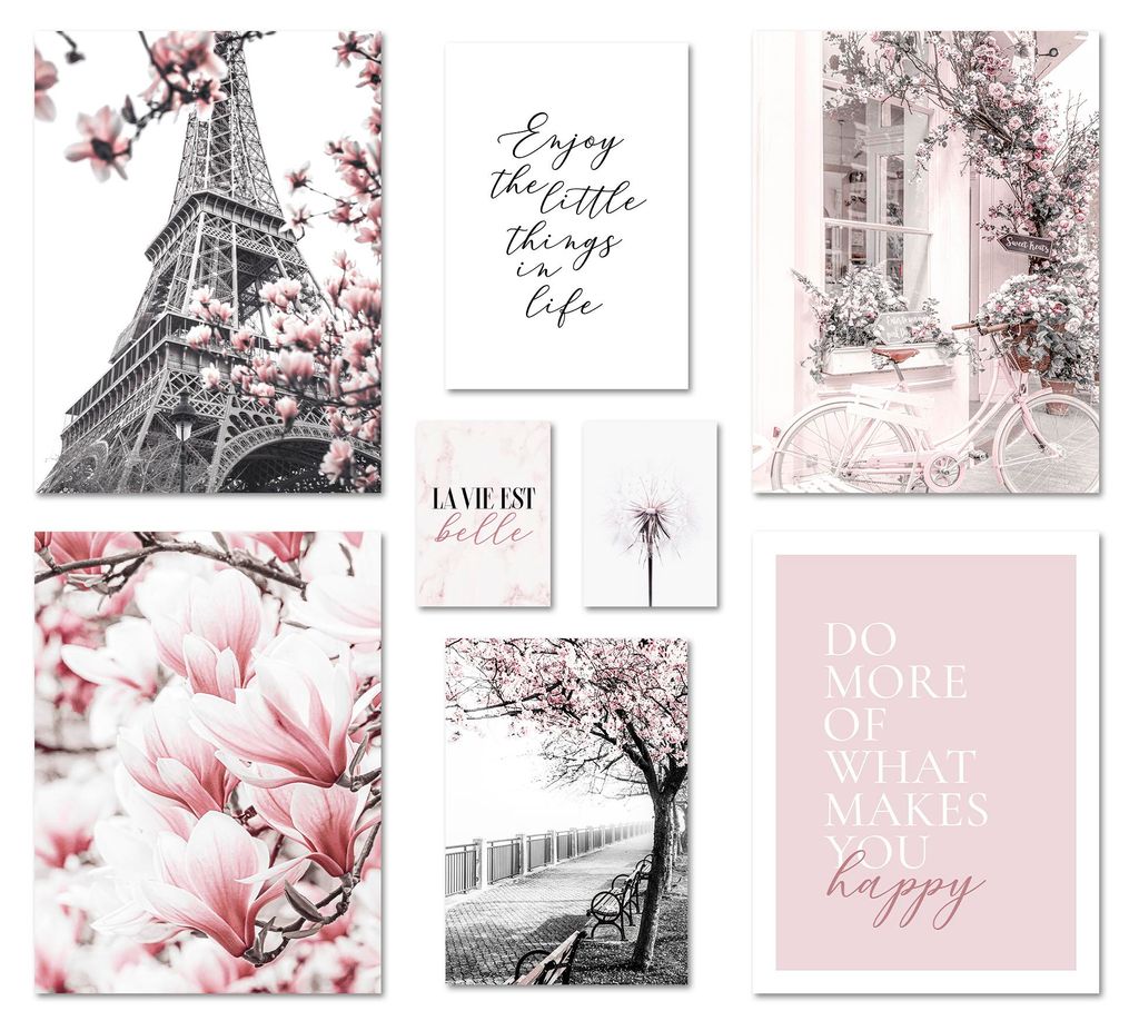 ARTFAVES Poster Set - Spring In Paris I mehrteilige Bilderwand für Wohnzimmer, Schlafzimmer I Wandbilder Rosa I ohne Bilderrahmen