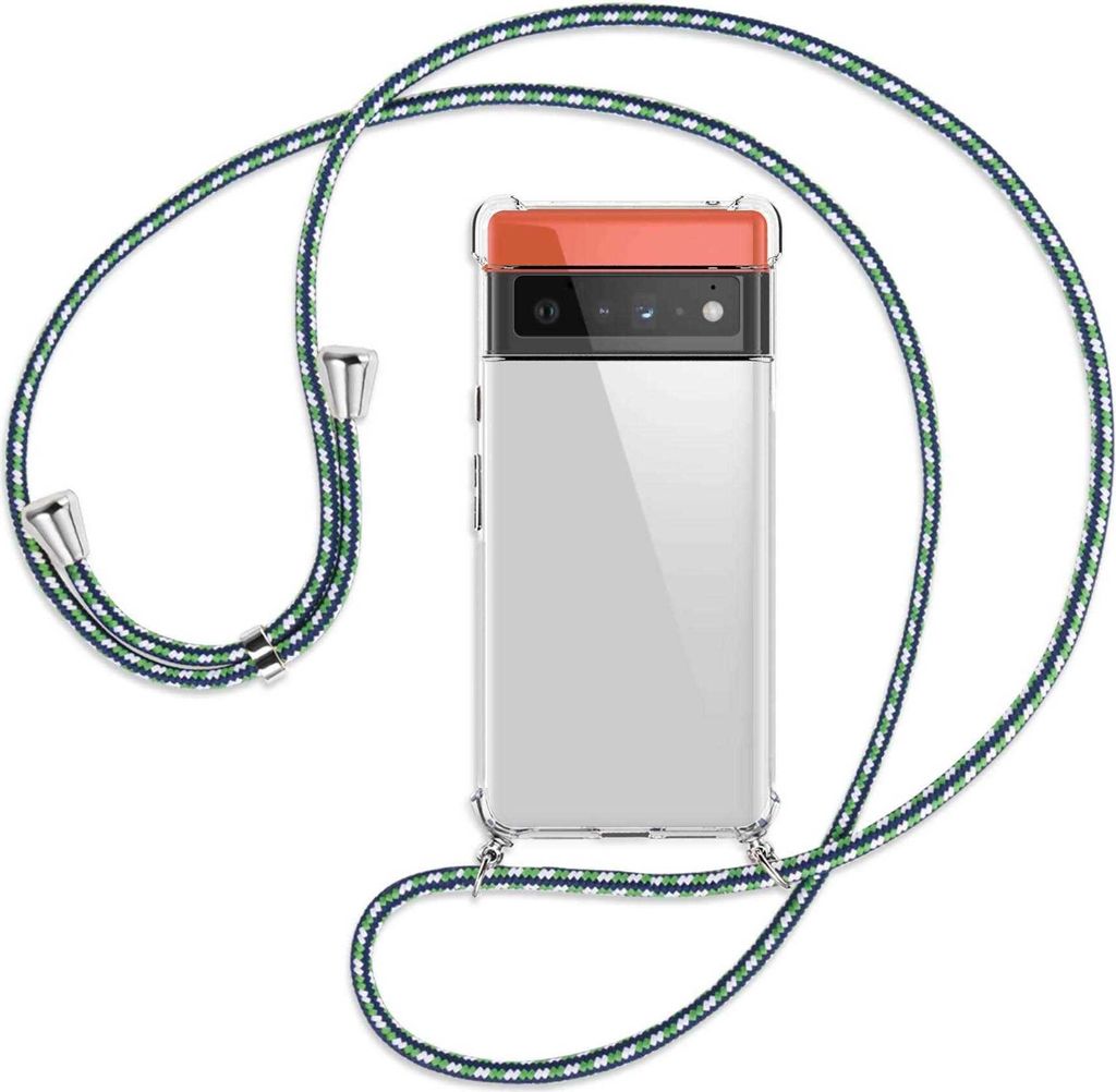 Handykette Backcover-Schutzhülle mit Band (Metall silberfarben) für Google Pixel 6 Pro - grün/blau/weiß