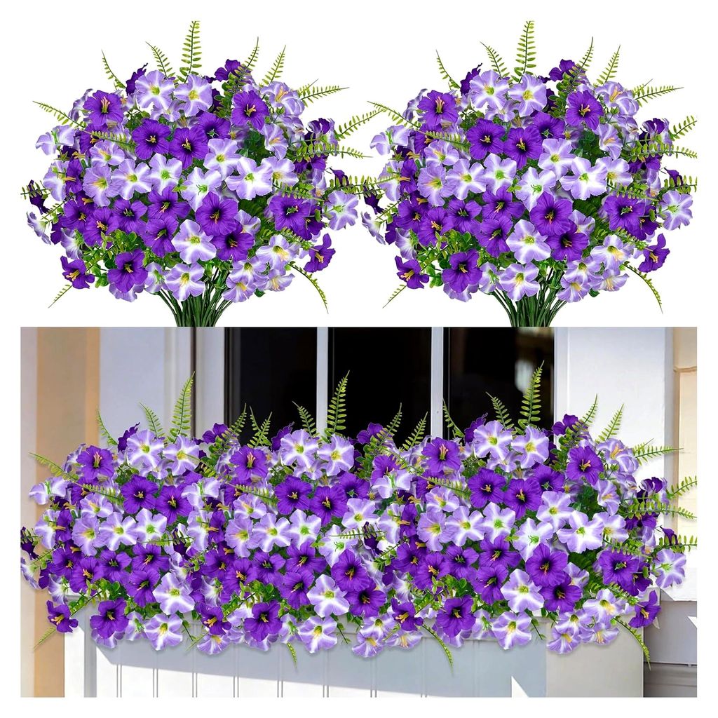 Künstliche Pflanzen und Blumen für den Frühling, Dekoration, Vase, Seide, Lila, Morgenglory mit Eukalyptus, UV-beständig, Grün für Hof, Garte...