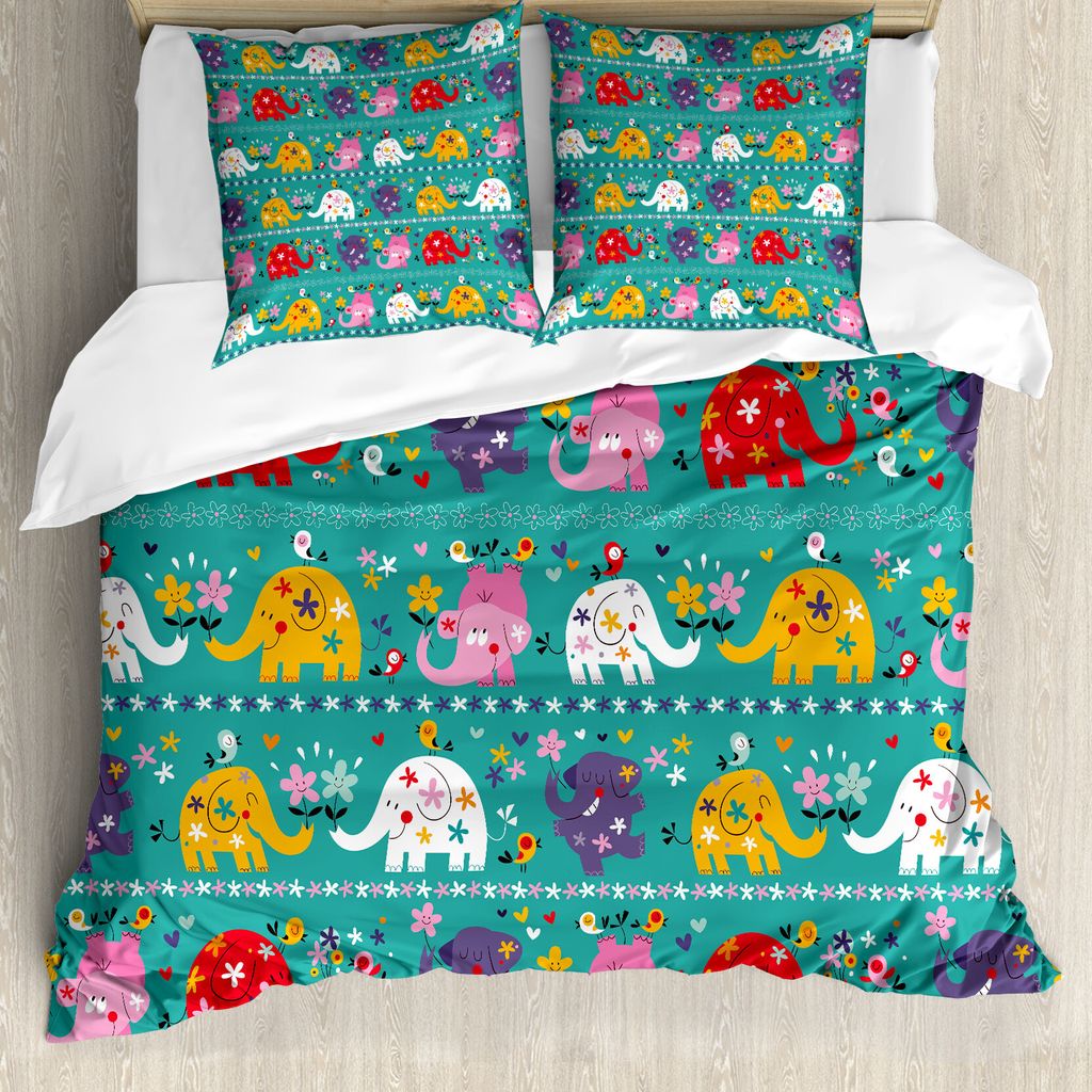 ABAKUHAUS Elephant Nursery Bettbezug, Joyful Natur, Milbensicher Allergiker geeignet mit Kissenbezügen, 155 cm x 220 cm - 80 x 80 cm, Mehrfarbig