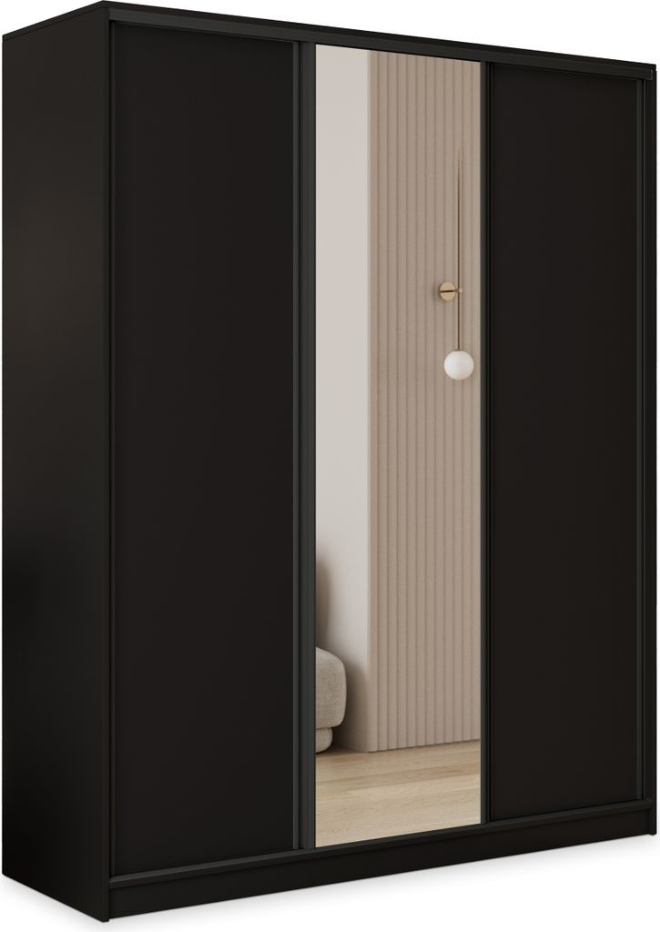 Masseno Schiebetürenschrank TARI 160/205/58 cm Kleiderschrank mit 4 Schubladen Schlafzimmer Schrank 3-türig mit Spiegel Schwarz