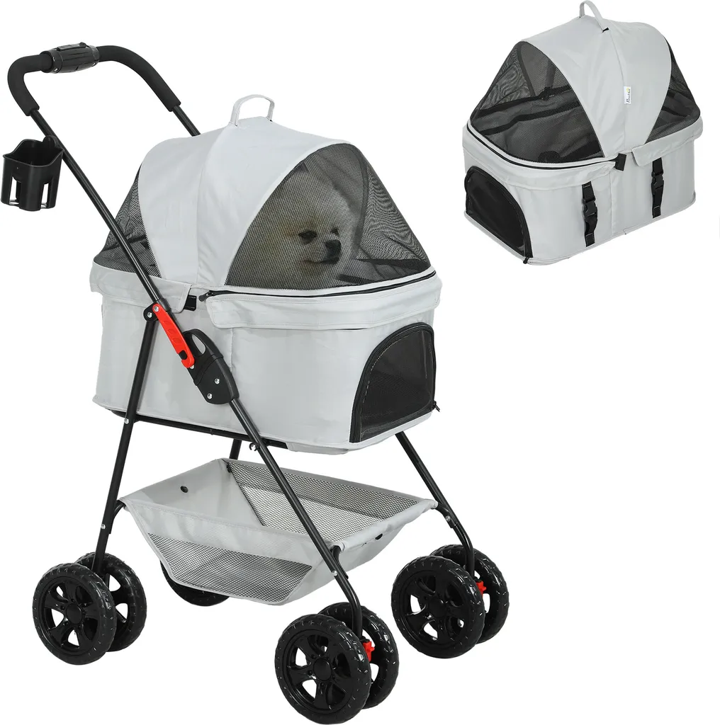 PawHut passeggino per cani 3 in 1 box per cani pieghevole, borsa da trasporto pieghevole con portabicchieri, passeggino per cani, passeggino per gatti con ruote a 360° passeggino per gatti per mini cani sotto i 4 kg, grigio chiaro - 1