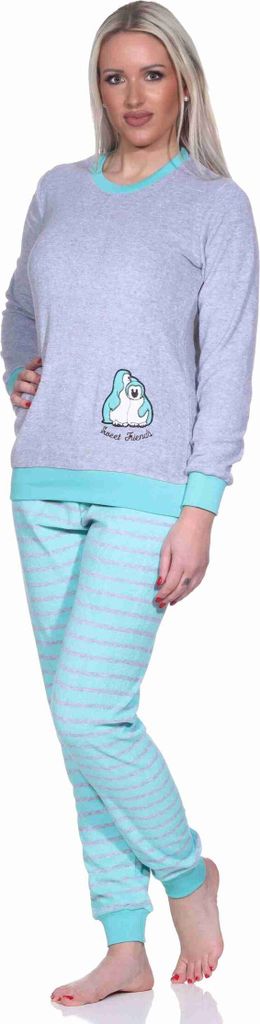 Damen Frottee Pyjama Langarm Mit Pinguin-Motiv – Kuscheliger Schlafanzug, 80% Baumwolle, Ökotex 100