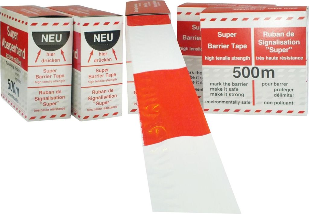 6 Rol. Absperrband * SUPER * 500m Absperrrolle Abrollkarton Abgrenzungsband Makierungsband Baustelle Warnband Flatterband Feuerwehr