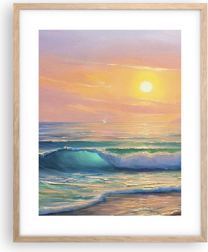 Gerahmtes Poster - Rahmen in heller Eiche - Meer Welle Ufer - 40x50 cm - Wand Bild - Wanddeko - Wandbilder - Kunstposter - Wandposter - Bilderrahme...