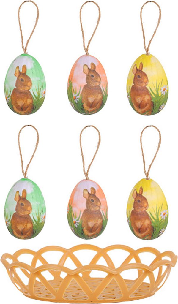 Teile/satz Bunte Hase Bemalt Kunststoff Ostereier mit Korb Hängenden Anhänger DIY Osterei Handwerk Hause Ostern Party Liefert E
