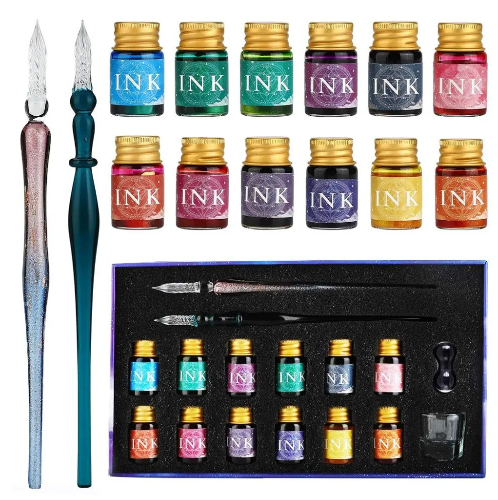 Set de Stylos en Verre GC-16 : Écriture Fluide sans Taches avec 12 Encres