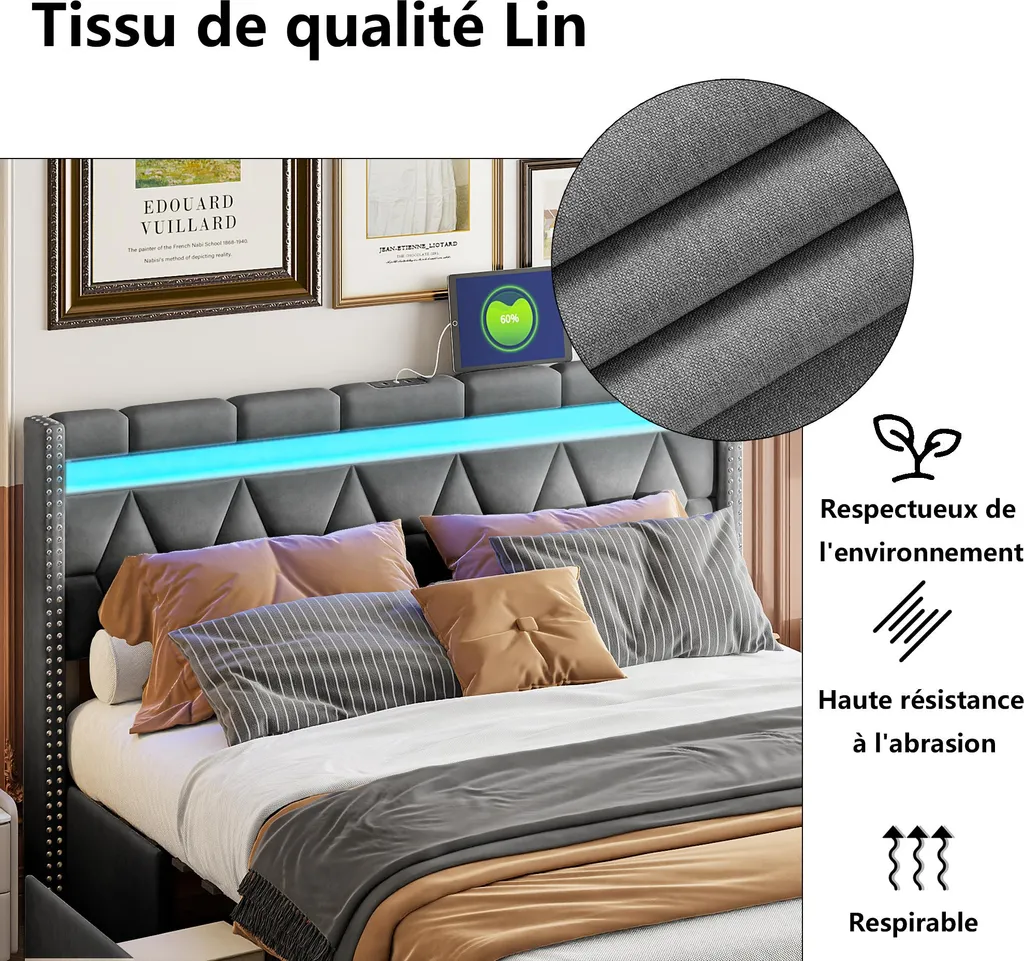 Lit 160x200 cm : Solution gain de place avec 4 tiroirs et LED intégrées - 5