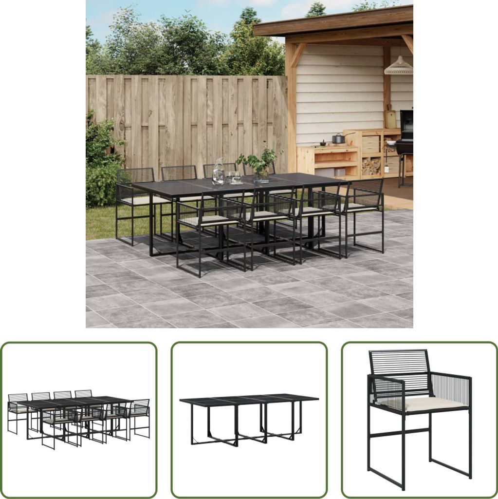 The Living Store 9-tlg. Garten-Essgruppe mit Kissen Schwarz Poly Rattan