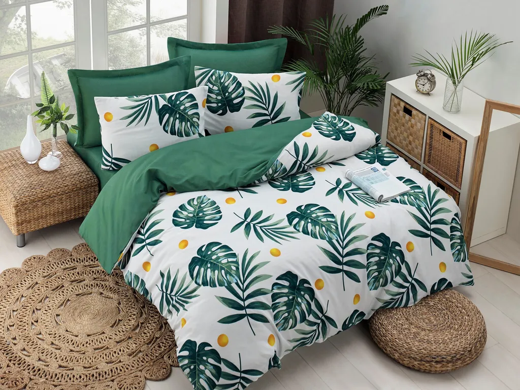 Housse de couette Monstera infroissable en coton mélangé vert ELF2936