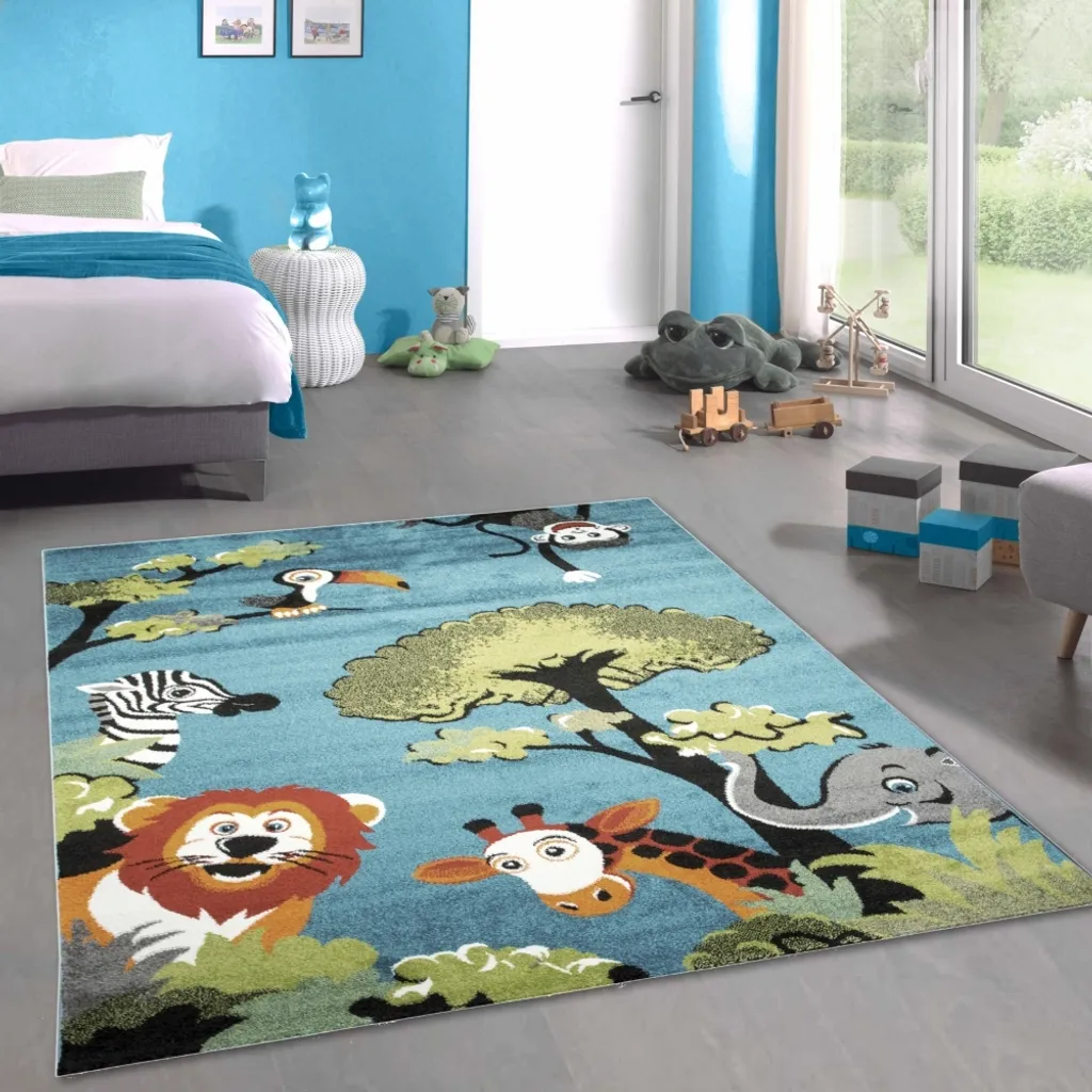 Tapis Animaux de la Forêt Bleu 80x150 cm pour Chambre Enfant Douillet