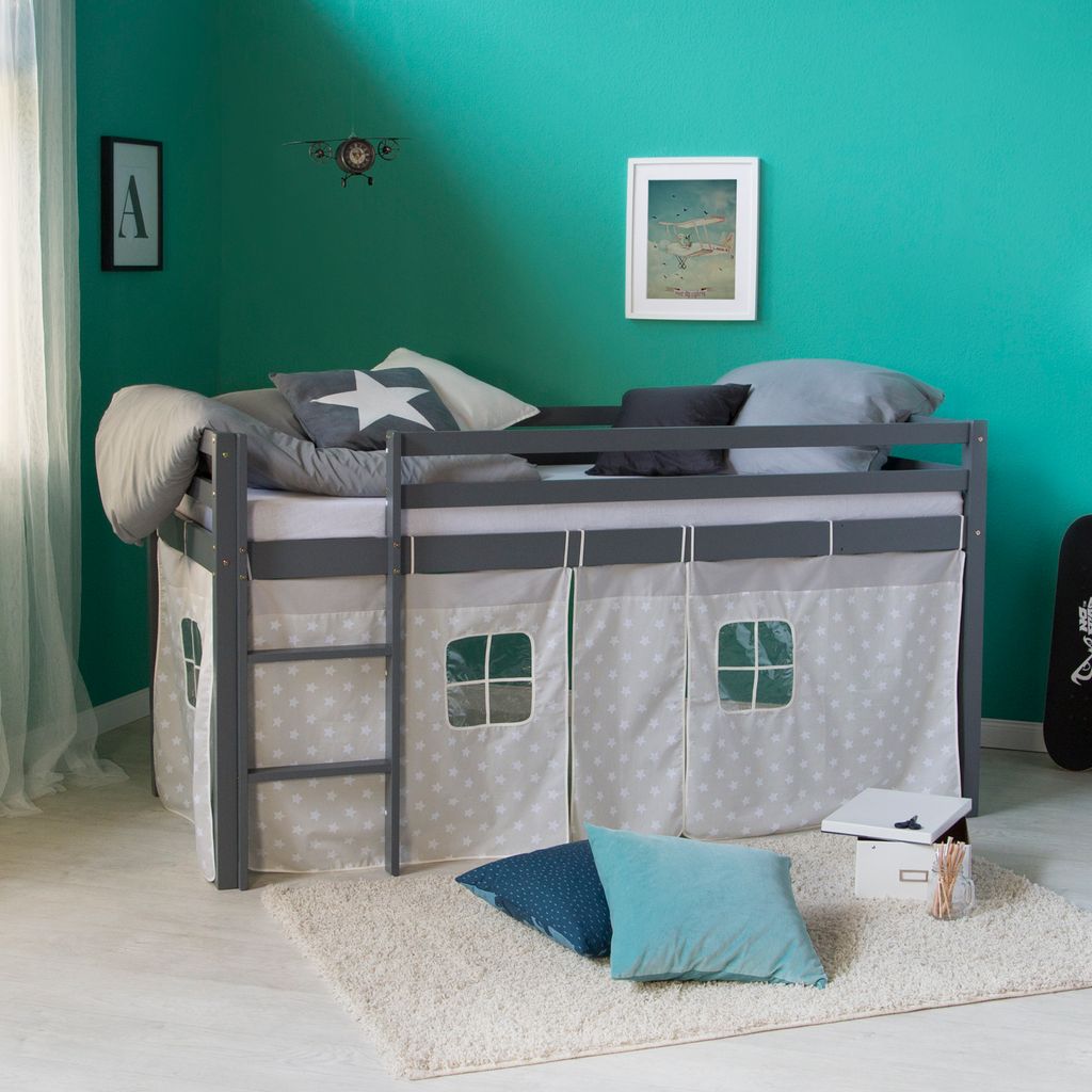 Homestyle4u Hochbett 90x200 Kinder Grau mit Sternen Vorhang