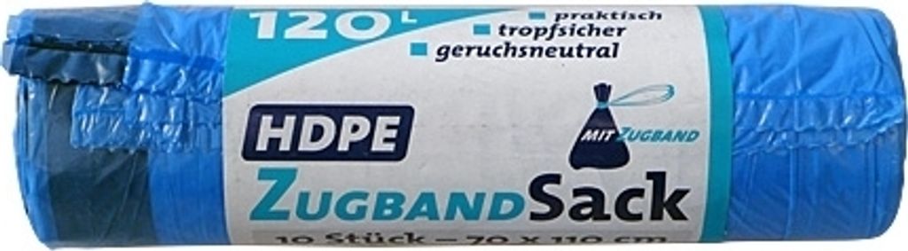 Zugbandsäcke 120 L blau, 10 Stück auf Rolle / Nordio Müllsäcke / Abfallsäcke