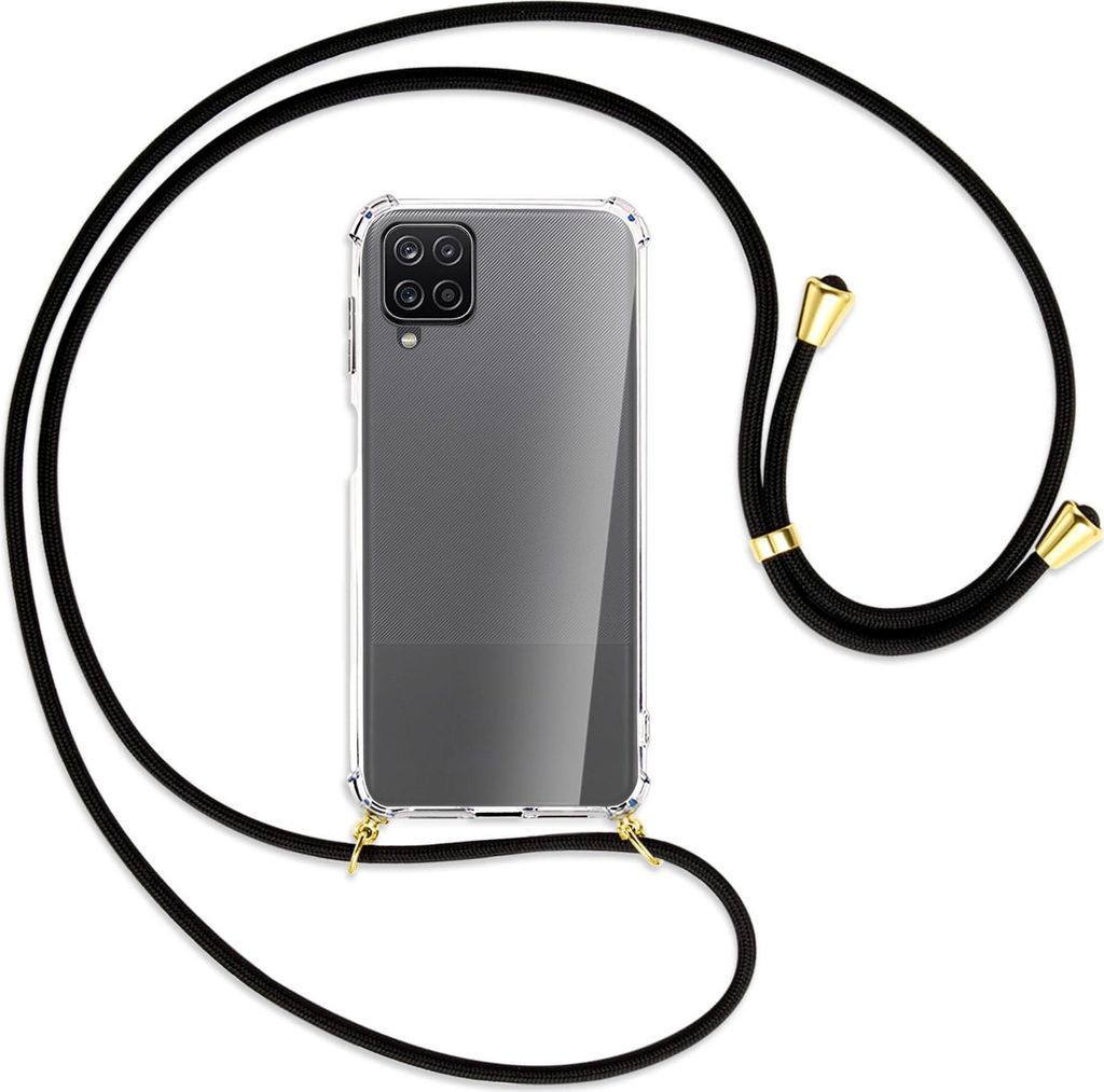 Handykette Backcover-Schutzhülle mit Band (Metall goldfarben) für Samsung Galaxy A12 - schwarz