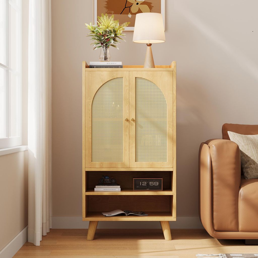 Merax Sideboard Kommode mit 2 Rattantüren und 2 offenen Fächern, Stauraum Buffet, Holz Anrichte für Wohnzimmer, Küche oder Flur, 60×40×121 cm...
