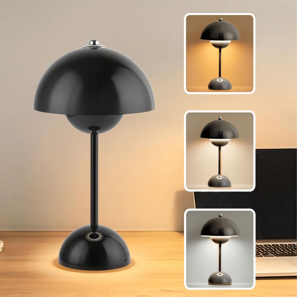 Tischlampe Kabellos, LED Schreibtischlampe, 2600mAh batteriebetriebenes Pilzlicht, 3 Farben Nachttischlampe, Tischleuchte, Schwarz