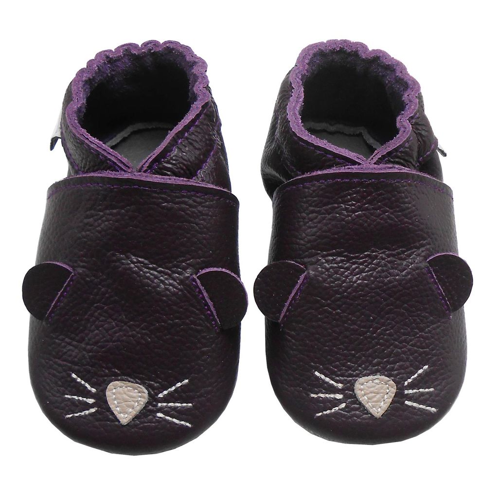 BEMUSE Baby Krabbelschuhe aus Echtleder,weiche Lauflernschuhe für Mädchen&Jungen, rutschfeste Ledersohle,Violett,Katzenmotiv, Größe XL (18–...