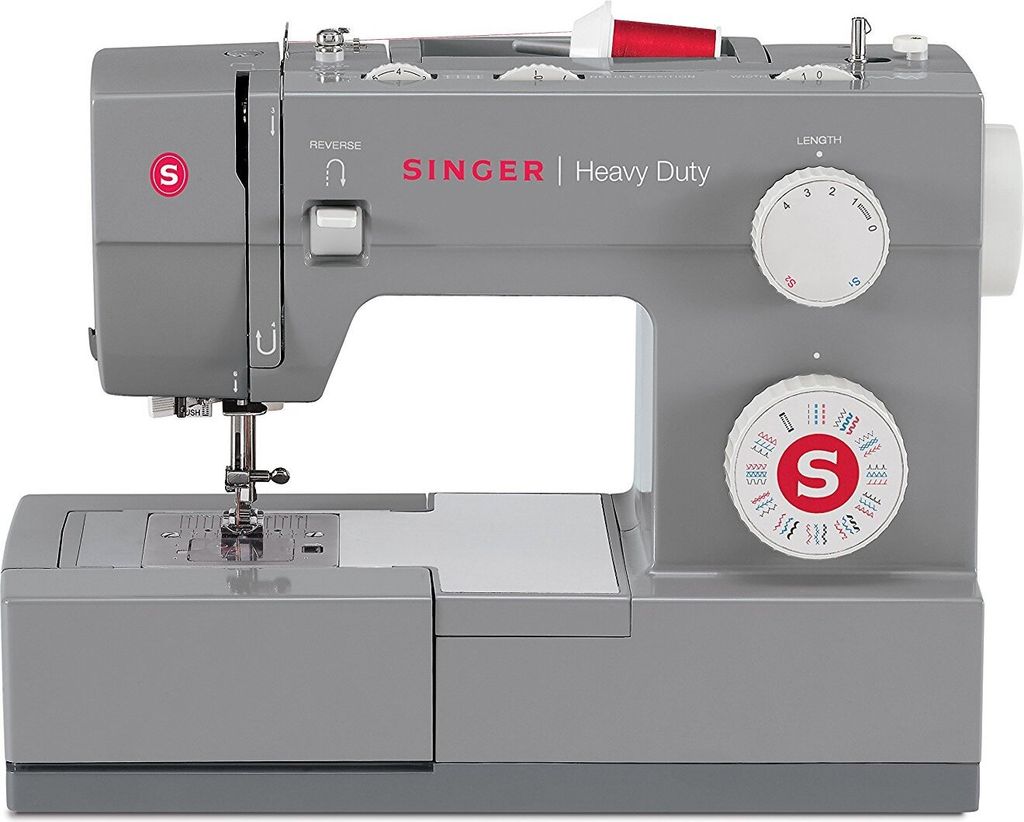 A studio shot of a gray Singer Heavy Duty sewing machine.