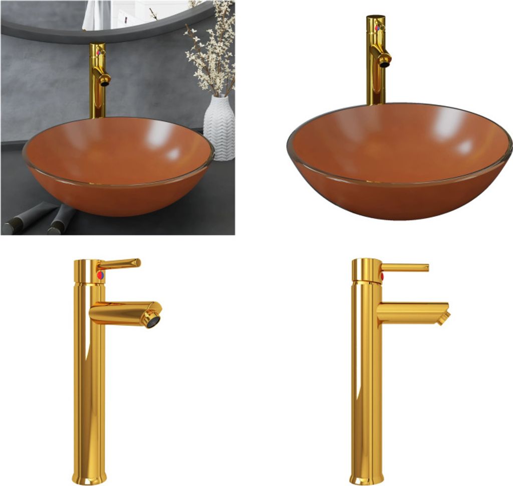 vidaXL Badezimmer Waschbecken mit Wasserhahn und Ablaufgarnitur Braun Gehärtetes Glas - Waschbecken - Spülbecken - Waschtisch - Gehärtetes Glas