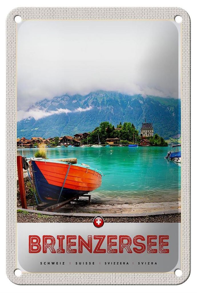 Blechschild Reise 12x18cm Brienzersee Schweiz Boot Gebäude Produktbild 