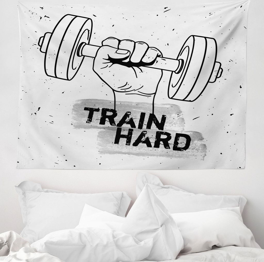 ABAKUHAUS Fitness Wandteppich, Hantel Hand Sketch aus Weiches Mikrofaser Stoff Waschbar ohne Verblassen Digitaldruck, 150 x 110 cm, Schwarz Weiß Grau