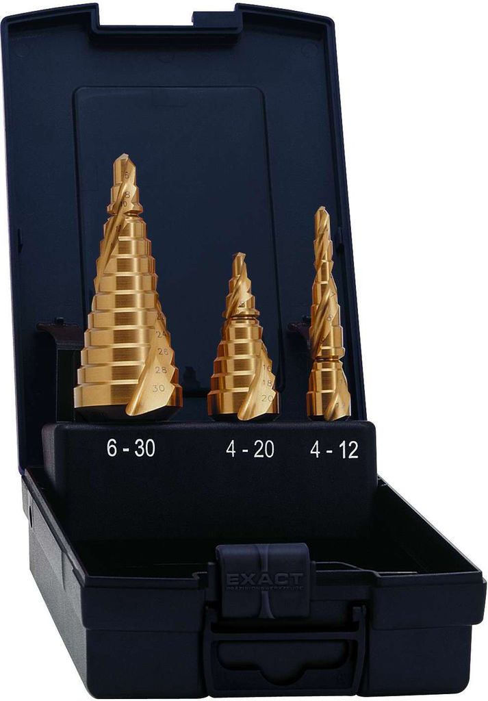 Exact 07014 HSS Step drill bit set 3-piece 4 - 12 mm, 4 - 20 mm, 6 - 30 mm TiN Triangular shank 1 Set