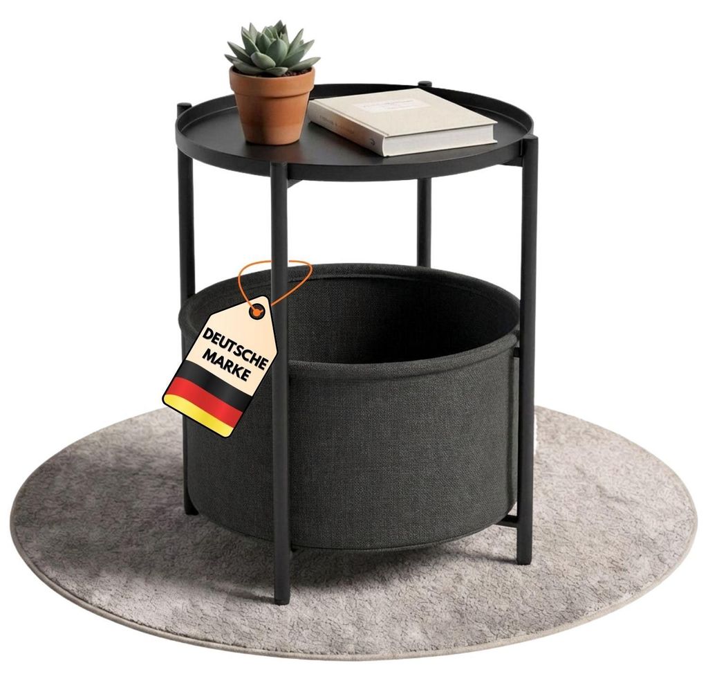 Couchtisch rund NINA aus Metall Schwarz Ø 45 cm mit Aufbewahrungskorb, Tischplatte als Tablett nutzbar, Beistelltisch mit Ablage - Wohnzimmertisch...